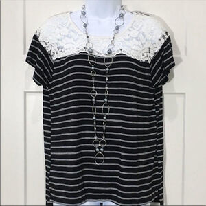 umgee Black white striped tee with lace Medium